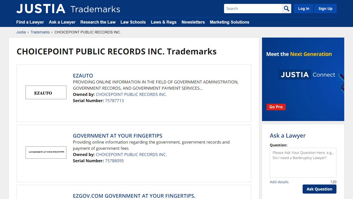 CHOICEPOINT PUBLIC RECORDS INC. Trademarks :: Justia Trademarks